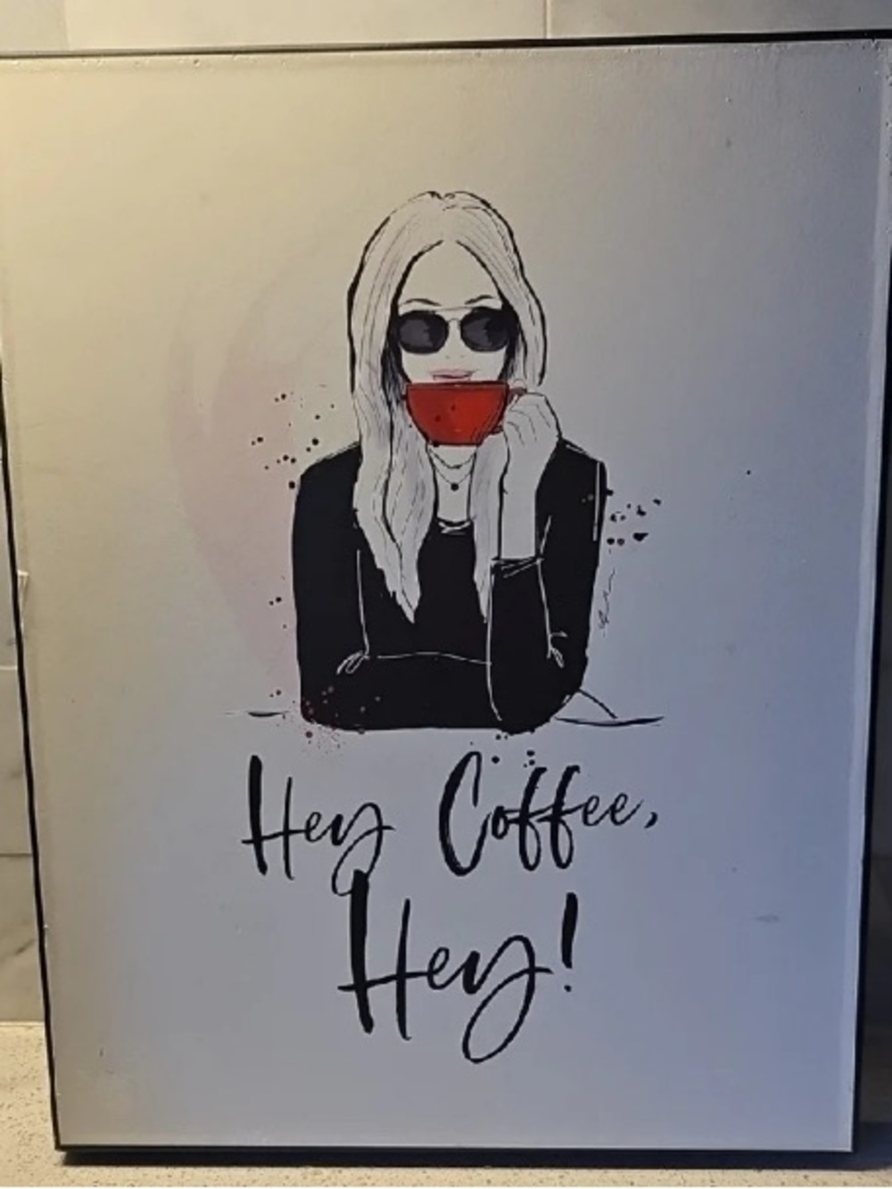 Hey Coffee Hey! Wall Art Canvas with Black & Red Illustration